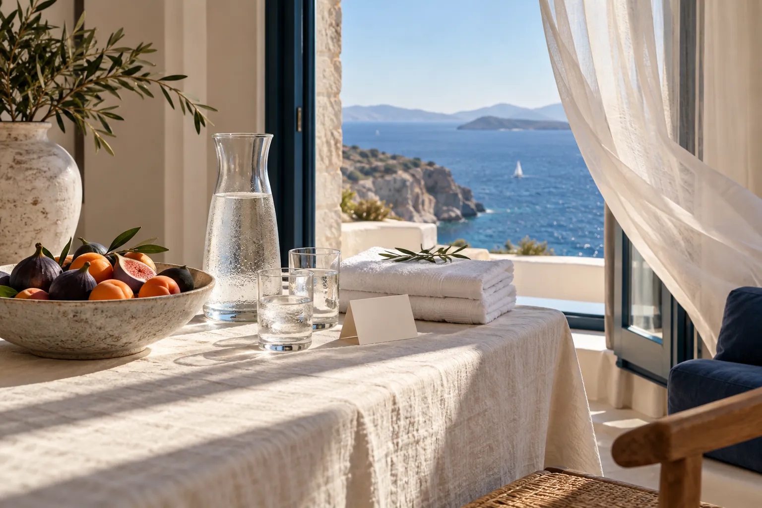 A welcome table with fruit, water and towels in a hotel room facing the sea