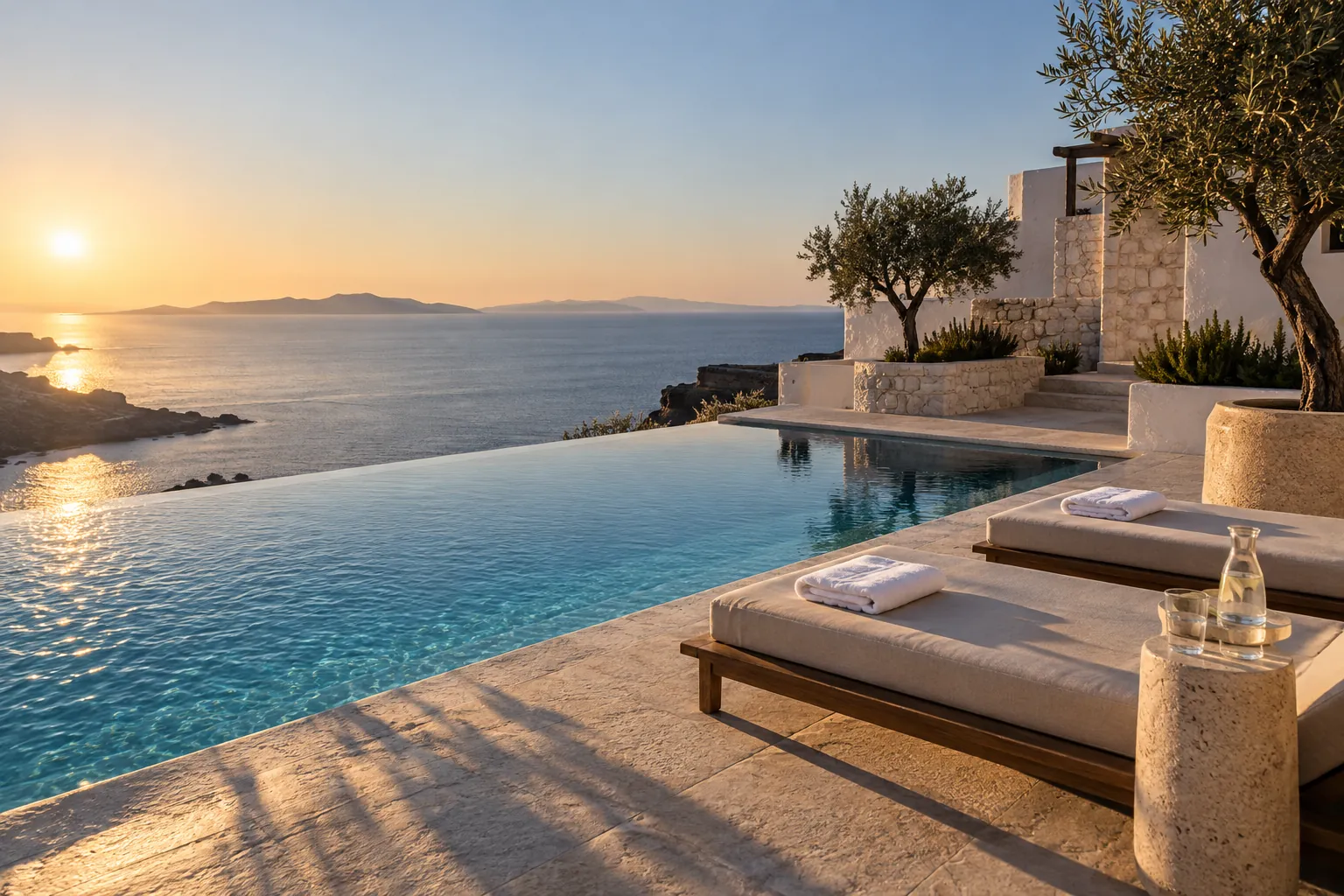 A quiet hotel pool terrace above the sea at golden hour