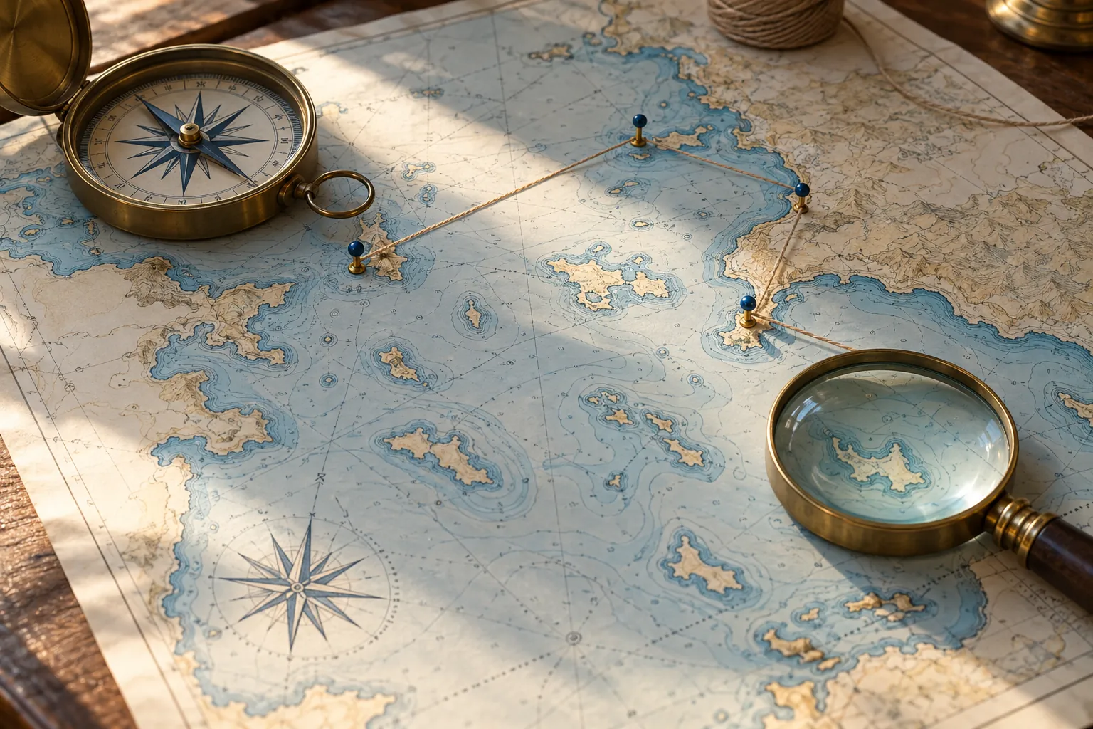 A nautical chart with pins marking places along a coastline