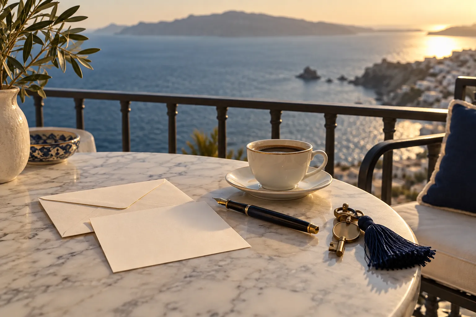 A postcard, an envelope and a pen on a balcony table above the sea