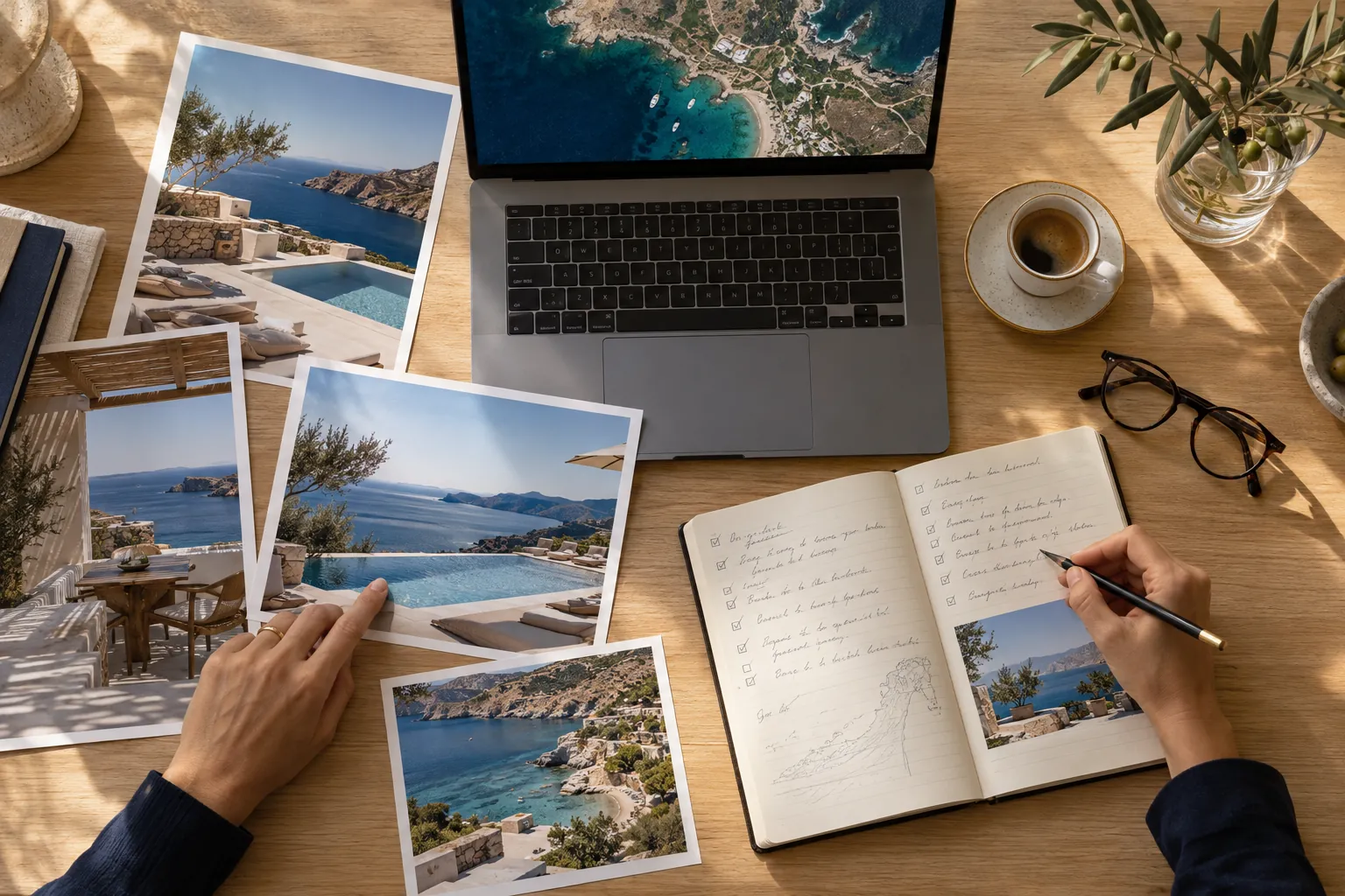 A desk with travel notes, printed photos and a map on a laptop