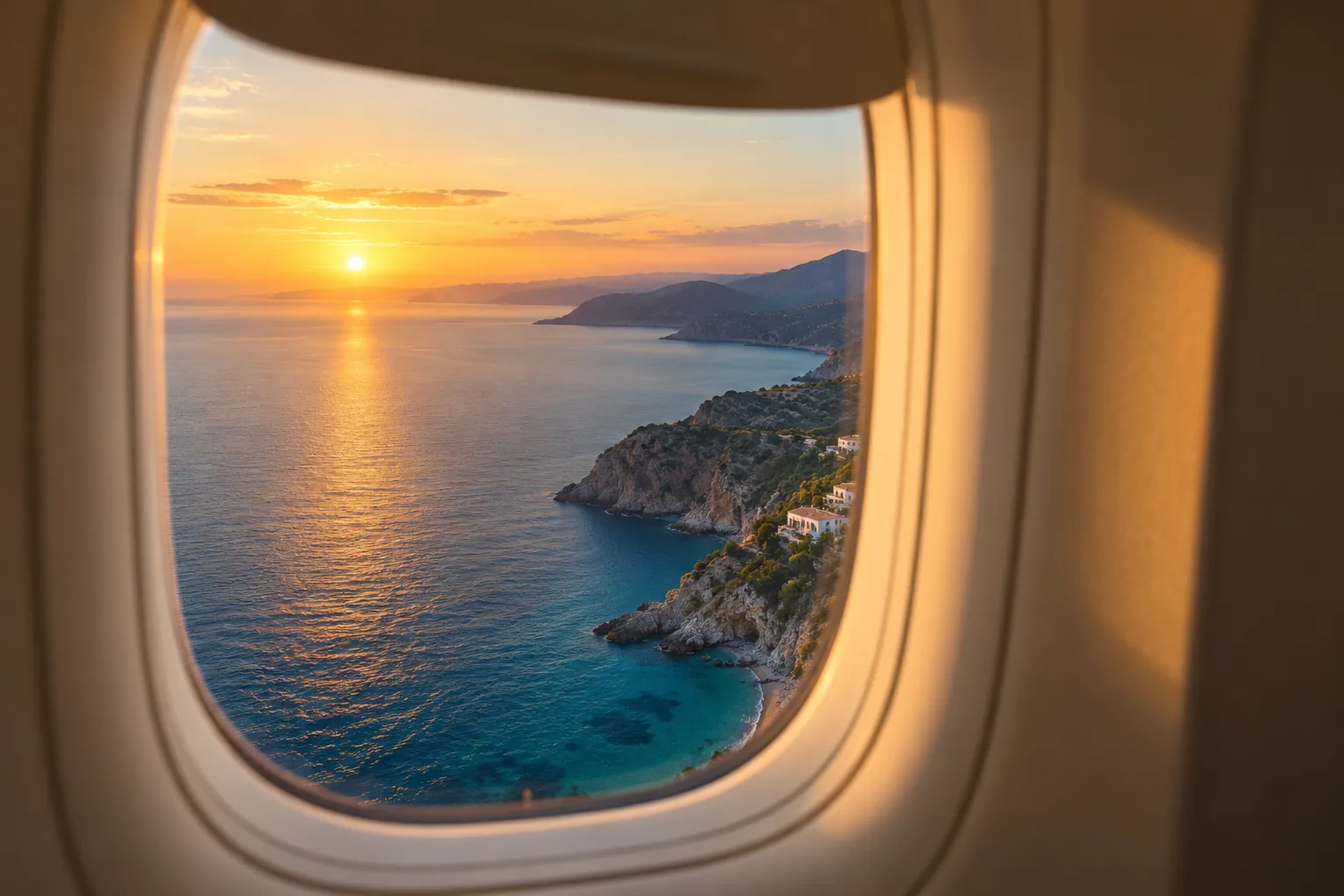 A sunlit coastline seen through an airplane window